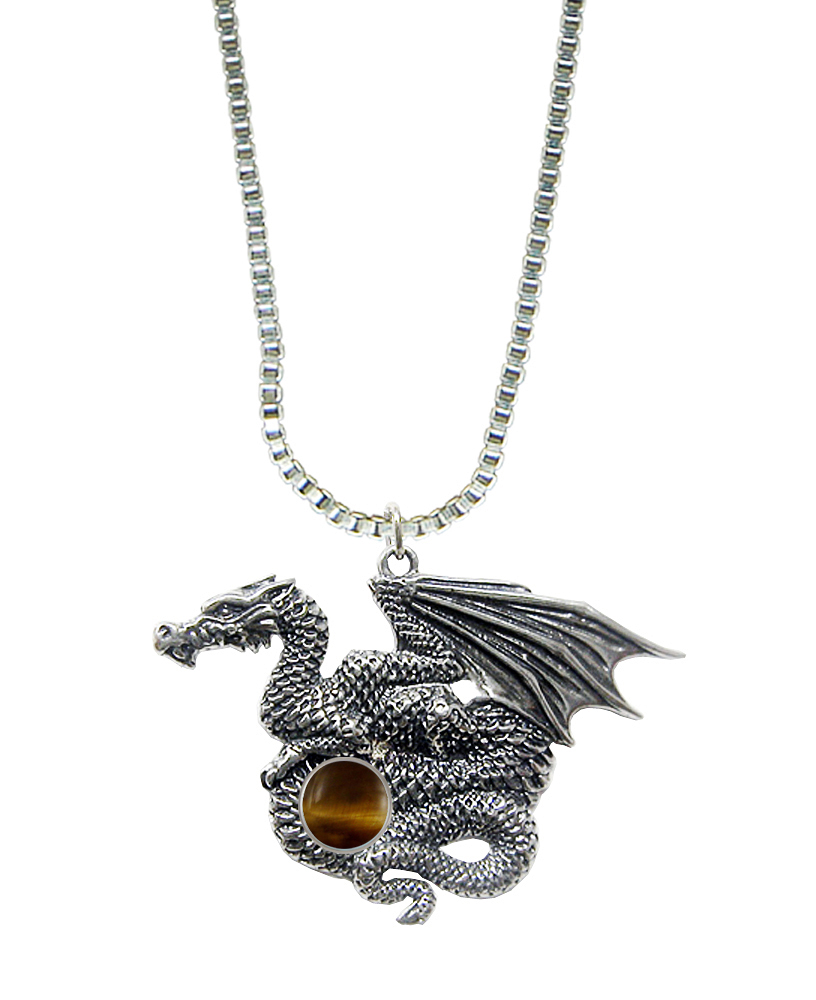 Sterling Silver Dragon of Many Treasures Pendant With Tiger
